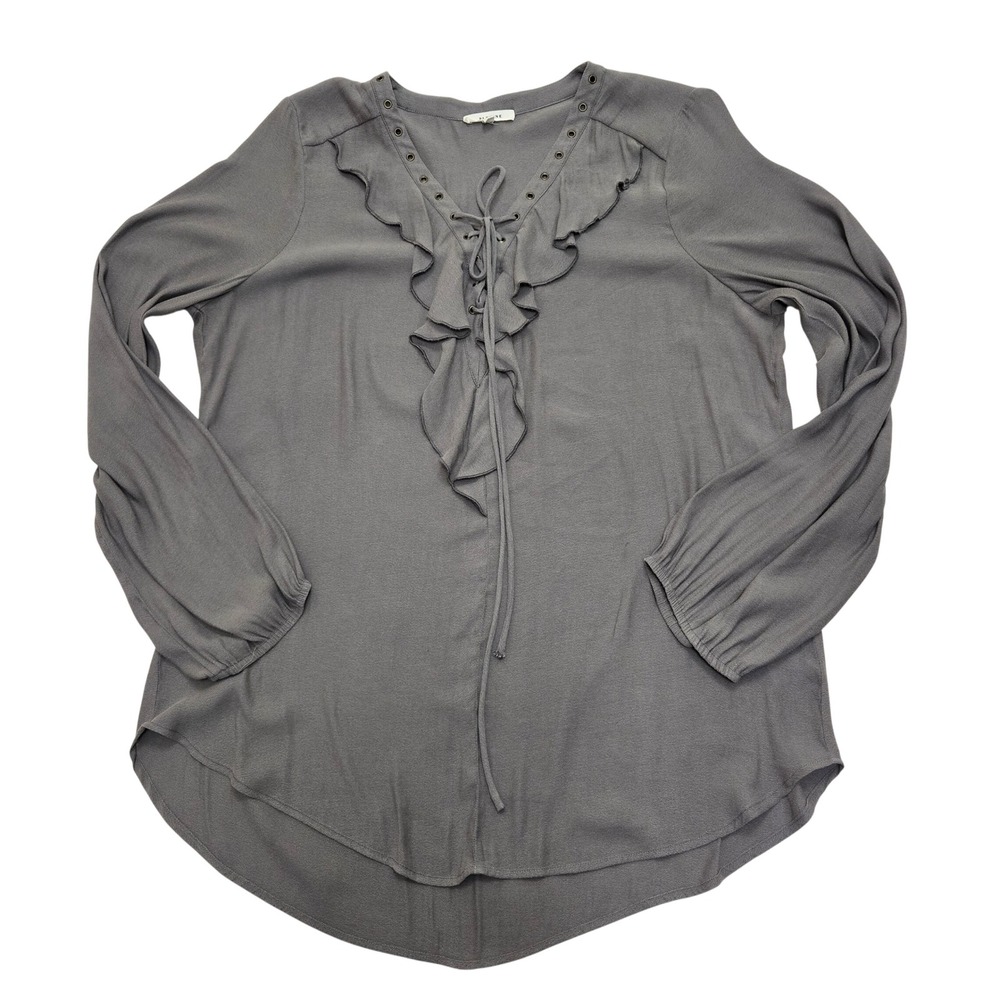 Pleione Gray Ruffle Lace Up V-Neck Blouse Long Sleeve High Low Top Large Peasant
